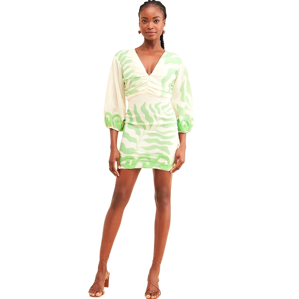 Anthropologie Forever That Girl Mini Dress Green‎ Leaf Boho Puff Sleeve XSP